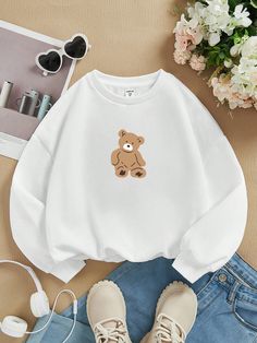 White Casual Collar Long Sleeve Knitted Fabric Cartoon Pullovers Embellished Slight Stretch  Teen Girls Clothing Clothes For Teens, Adrette Outfits, Girls Sweatshirts, Stylish Hoodies, Teen Clothing