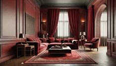 an elegant living room with red curtains and furniture in the center, along with a large rug on the floor