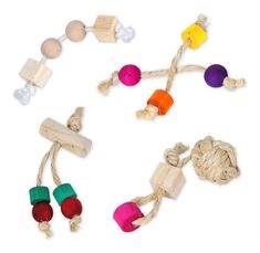 several wooden toys are tied up together on a white background, including rope and beads