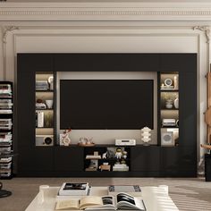 a living room with bookshelves and a television on top of the entertainment center