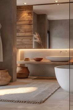 Modern bathroom with wooden accents, a large mirror, a round white bathtub, a vessel sink, and warm ambient lighting. Organic Shower Design, Warm Bathroom Ideas, Modern Organic Bathroom, Organic Bathroom, Earthy Bathroom, Organic Modern Bathroom, Warm Bathroom, Open Bathroom, Natural Bathroom