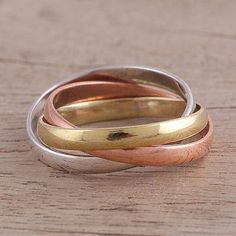 3 Sterling Silver Copper and Brass Meditation Rings - Classic Trio | NOVICA Unique Silver Rings, Womens Silver Jewelry, Interlocking Ring, Trio Ring, Silver Rings Simple, Brass Band, Meditation Rings, Silver Wedding Rings, Rings For Girls