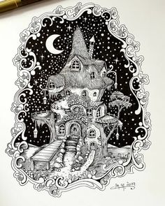 a drawing of a house in the night sky