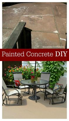 an outdoor table and chairs with the words painted concrete diy