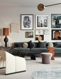 a living room filled with lots of furniture and pictures on the wall above it's couch