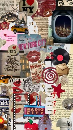 the collage is made up of many different items and words, including an old record player