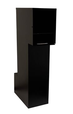 an empty black podium stands against a white background