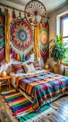 a bedroom with colorful bedspread, pillows and rugs hanging on the wall