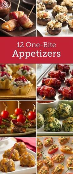 twelve different appetizers are shown in this collage with the words 12 one - bite appetizers