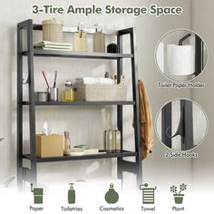 the 3 - tier storage space includes toilet paper holders, two roll holders and 2 rolls of