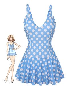 [Pre-Sale] Blue 1960s Polka Dot Petal Neck Swimsuit | Retro Stage 1960 Swimsuit, 1960s Swimwear, 60s Swimsuit, Retro Stage, Retro Swim, Dress Swimsuit, Dr Closet, Sandlot, Vintage Swimsuit