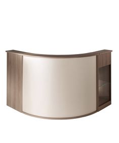 a curved reception table with glass doors on the front and back sides, in light wood finish