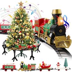 a christmas tree is next to a toy train with musical notes on it and a santa's sleigh