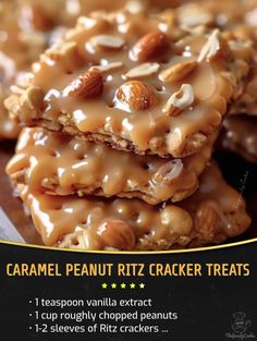 caramel peanut ritz cracker treats are stacked on top of each other with nuts