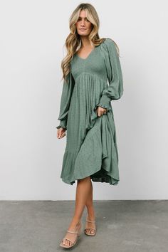 Lainey Smocked Dotted Midi Dress | Dark Sage Sage Green Dress, Dark Sage, Flowy Midi Dress, Baltic Born, Boho Mini Dress, Dress Dusty, Green Midi Dress, Versatile Dresses, Ruffled Maxi Dress