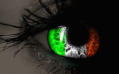 an eye with the irish flag painted on it's iris and black, white, and green