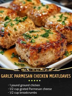 the menu for garlic parmesan chicken meatloaf is displayed on a plate