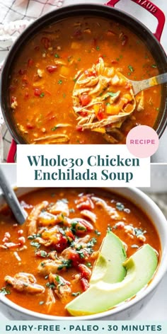 This creamy paleo chicken enchilada soup is packed with flavor, healthy, and so hearty and filling.  It comes together in just 30 minutes and is perfect for weeknights.  Whole30 compliant, dairy-free, so comforting! Whole 30 Soup, Paleo Soup Recipe, Whole30 Soup Recipes, Chicken Enchilada Soup Recipes, Enchilada Soup Recipe, Paleo Running Momma, Soup Paleo, Paleo Soup, Meal Train Recipes