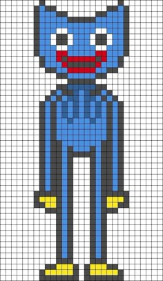 a pixellated image of a blue cat with yellow feet and red nose, standing in front of a white background