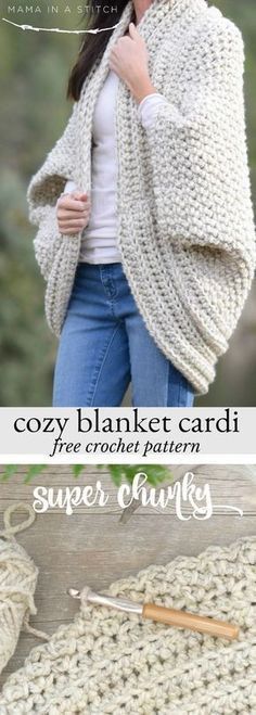 a woman wearing a white knitted cardigan with text overlay that reads cozy blanket cardi free crochet pattern super chunk