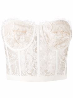 white cotton blend tulle netting satin trim corded lace semi-sheer construction corset style boned bodice sweetheart neck underwire cup exposed rear zip fastening strapless straight hem We've partnered with Good On You — an independent agency that rates how brands perform in relation to their impact on the planet, people and animals, with a multi-criteria rating simplified to a five points scale. In order to be awarded our conscious label, larger brands need to score a minimum of four out of fiv White Lace Corset, Lace Bustier Top, Top Bustier, Lace Corset Top, Corded Lace, Lace Bustier, Lace Corset, Dolce E Gabbana, Van Cleef Arpels