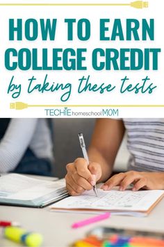 two people sitting at a table with notebooks and pens in front of them text reads how to earn college credit by taking these tests