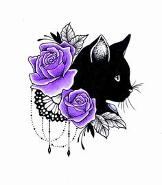 a black cat with purple roses on it's face and the word love is written in