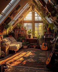 an attic bedroom with lots of plants in it