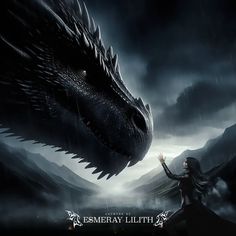 a woman standing next to a large dragon in the middle of a dark mountain range