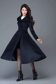 Midi wool coat, wool coat, womens winter coats, dress coat, navy blue coat, flare coat, warm coat, s Elegant Blue Wool Coat, Elegant Navy Long Sleeve Pea Coat, Elegant Navy Long Pea Coat, Elegant Blue Wool Coat For Fall, Elegant Long Sleeve Winter Peacoat, Elegant Navy Wool Coat For Fall, Chic Long Sleeve Winter Peacoat, Elegant Fitted Fall Peacoat, Elegant Fitted Peacoat For Fall