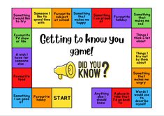 a board game with the words getting to know you game? and an image of a megaphone