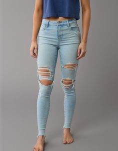 AE Next Level High-Waisted Ripped Jegging High Rise Distressed Bottoms For Everyday, Everyday High Rise Distressed Bottoms, Stretch Distressed Bottoms For Everyday, Everyday Stretch Distressed Bottoms, Distressed Stretch Bottoms For Everyday, Everyday Ripped High Waist Jeans, Trendy Stretch Light Wash Jeans, High Waist Ripped Jeans For Everyday, Trendy Ripped Bottoms For Everyday Wear