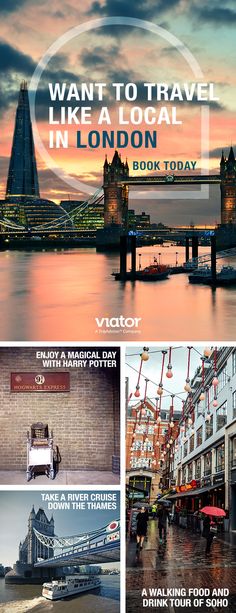 an advertisement for travel in london with images of buildings and boats on the river thames