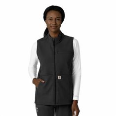 Introducing your go-to essential for in-between seasons and chilly weather. Capitalizing on versatility, this women's vest is the perfect layer that surrounds you with cozy comfort in a durable bonded fleece material. The full-zip front lets you add breathability when you want it and more warmth when you don't. Your badge will stay on full display thanks to a loop at the shoulder. A zip-shut chest pocket makes sure smaller items stay in place, while deep patch pockets on the front offer a spacio Carhartt Logo, Carhartt Womens, Plus Size Outerwear, Chilly Weather, Fleece Vest, Vest Outfits, Womens Vest, Comforters Cozy, Summer Essentials