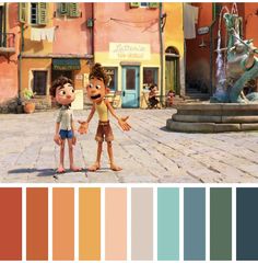 an image of two children standing in front of a fountain with color swatches on it