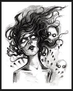 a black and white drawing of a woman with her hair blowing in the wind