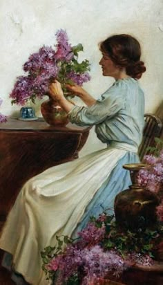 a painting of a woman arranging flowers on a table