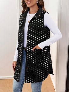 Women Casual Polka Dot Print Zip-Up Padded Vest Waistcoat, For Daily Wear, Autumn/Winter Black and White Casual  Sleeveless Woven Fabric Geometric,Polka Dot,All Over Print vest Non-Stretch  Women Clothing, size features are:Bust: ,Length: ,Sleeve Length: Coats For Women Casual, Winter Black And White, Plus Size Winter Outfits, Padded Vest, Vest Waistcoat, Plus Size Coats, Winter Mode, Winter Outfits Women, Polka Dot Print