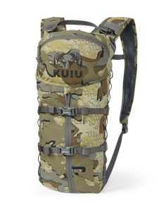 a backpack that is camouflaged and has straps on the front, with an image of a