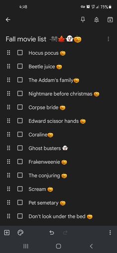 an iphone screen with the text'halloween movies list'and emoticions on it