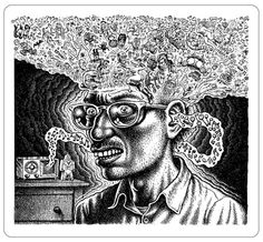 a black and white drawing of a man with glasses on his head, surrounded by many objects