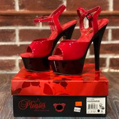 New Pleaser Kiss 209 Black Heel With Red Upper 6" Spike Heel (15.2cm), 1 3/4" (4.5cm) Platform Ankle Strap Sandal Red Glitter Heels, Fun Couple Games, Clear Platform Heels, Red Platform Heels, Pleaser Heels, Dance Heels, Red Black Style, Pleaser Shoes, Glitter Heels