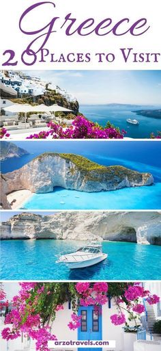 the greek island with pink flowers and blue water in front of it is an image that says