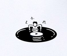 a black and white drawing of a person in a turntable with music notes coming out of it