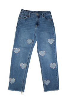 Hand embellished heart cutout jeans! Regular Wild Fable denim turned into a pair of one of a kind pants! Size 4 Trendy Embellished Denim Jeans, Casual Embellished Straight Leg Jeans, Casual Straight Leg Embellished Jeans, High Rise Embellished Denim Jeans, Medium Wash Embellished Straight Leg Bottoms, Embellished High Rise Denim Jeans, Casual Straight-leg Embellished Pants, Embellished Straight Leg Denim Pants, Embellished Straight Leg Denim Blue Jeans