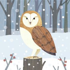 an owl sitting on top of a tree stump in the snow with trees behind it