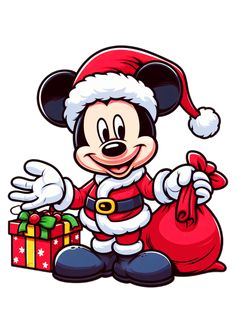 a cartoon mickey mouse with a santa clause hat and holding a bag full of presents