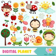 digital clipart set with cute bugs and flowers