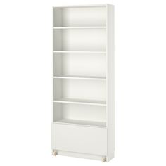 a white bookcase with three shelves on the bottom and one shelf below it, in front of a white background