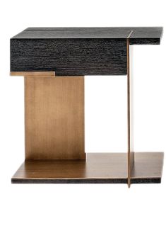 a black and gold side table with two shelves on each side, one shelf is open